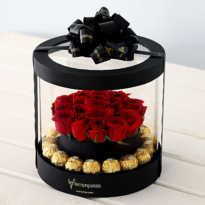 Red Roses N Ferrero Rocher Premium Black Box:Flowers In box