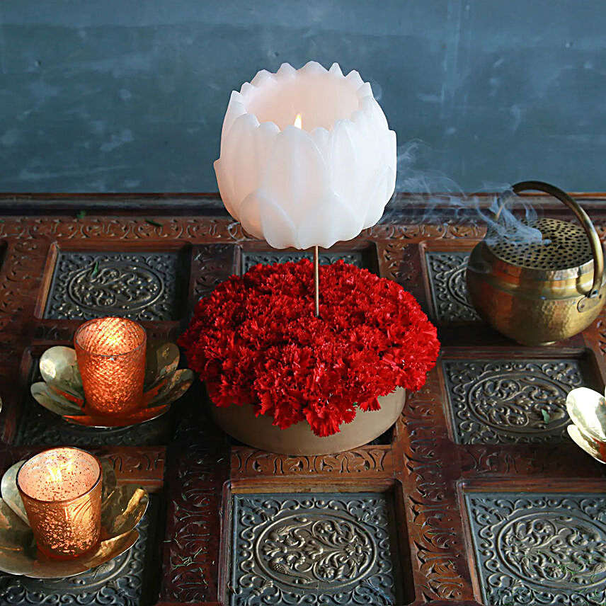 Pretty Carnations and Lotus Stand With Candle
