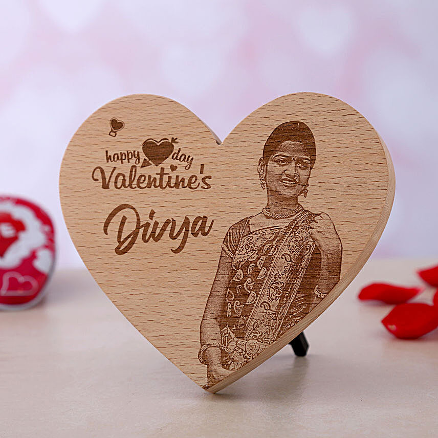 Personalized heart shaped wooden frame with image:Personalised Engraved