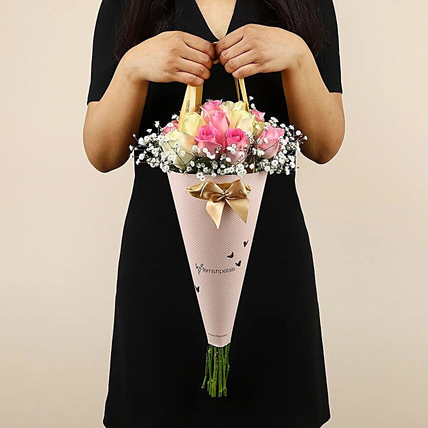 Pink N White Roses Conical Arrangement:Send Flowers In Sleeve