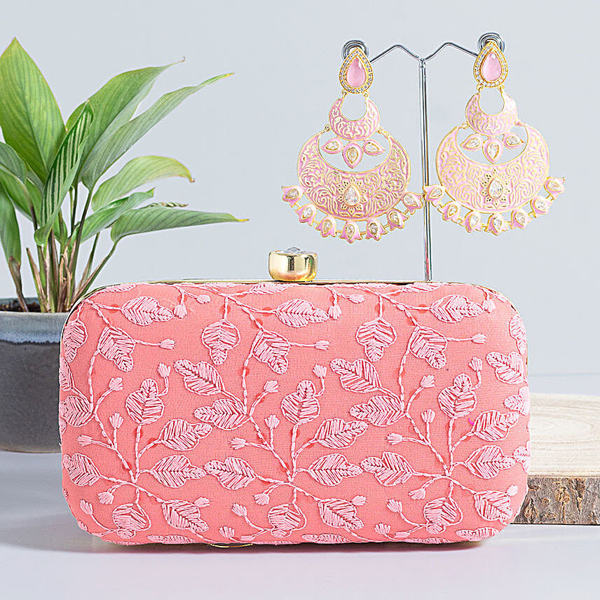 Peach Embroidered Clutch and Chandbali Earrings:Jewellery Gifts