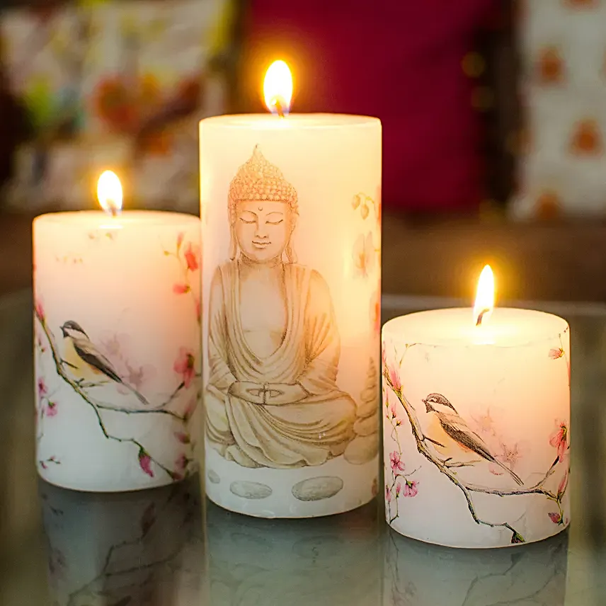 Set Of 3 Buddha Print Pillar Candles Gift Set