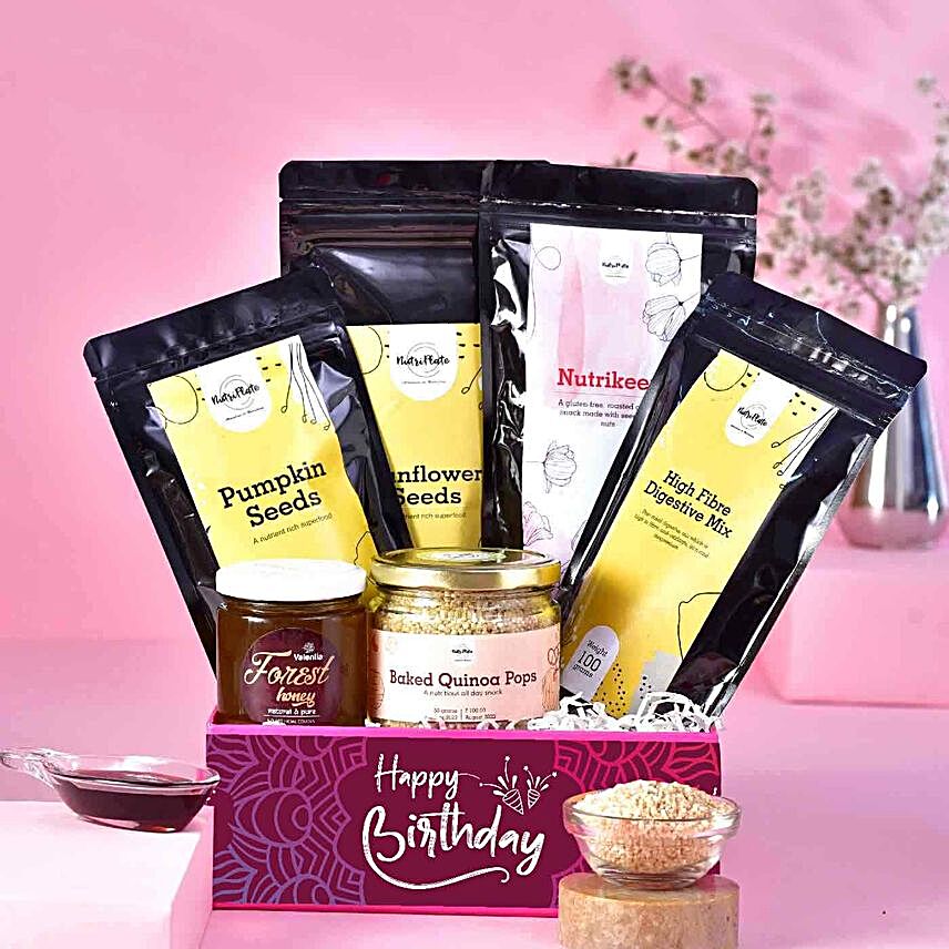 Birthday Special Tray Full Of Healthy Treats:Gift Hampers: Happiness Multiplied