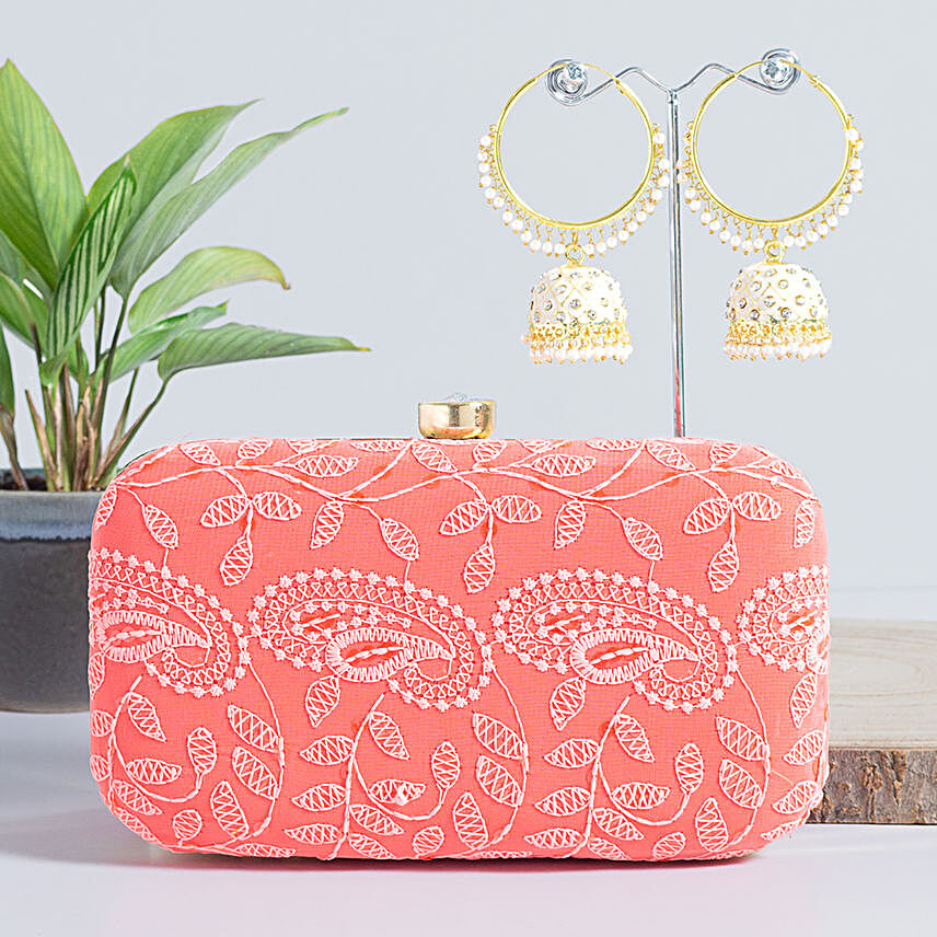 Peach Embroidered Clutch and White Hoop Jhumkas