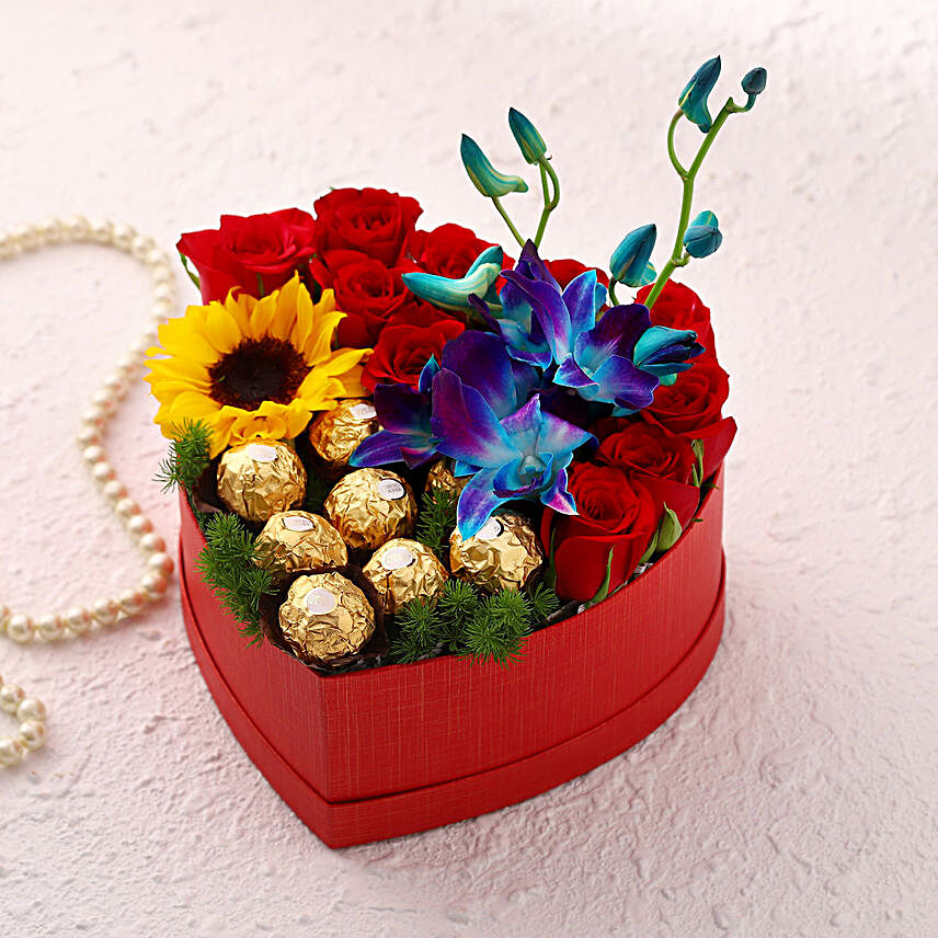 Ferrero Rocher N Mixed Flowers Heart Box:Exotic Flowers