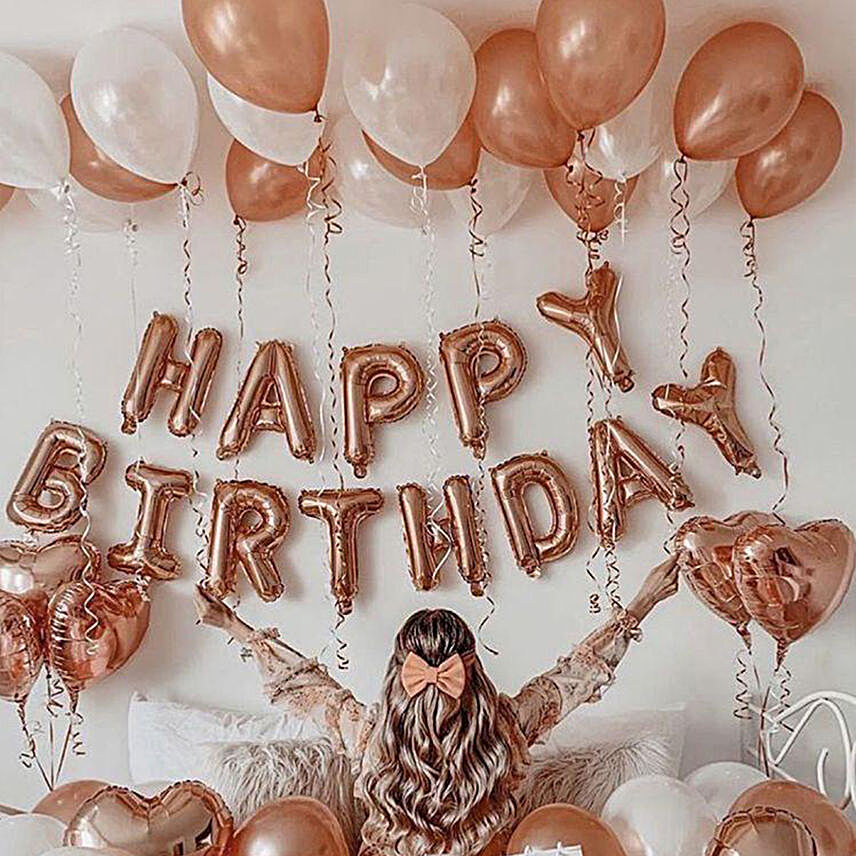 Birthday Surprise Rose Gold Balloon Decor:Send Birthday Gifts To Mumbai