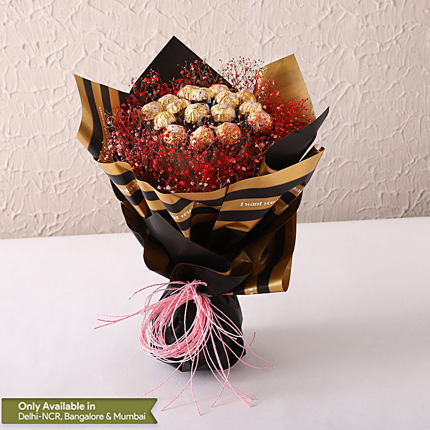 Rocher N Gypsophila Beautifully Tied Bouquet:Send Chocolate Bouquet