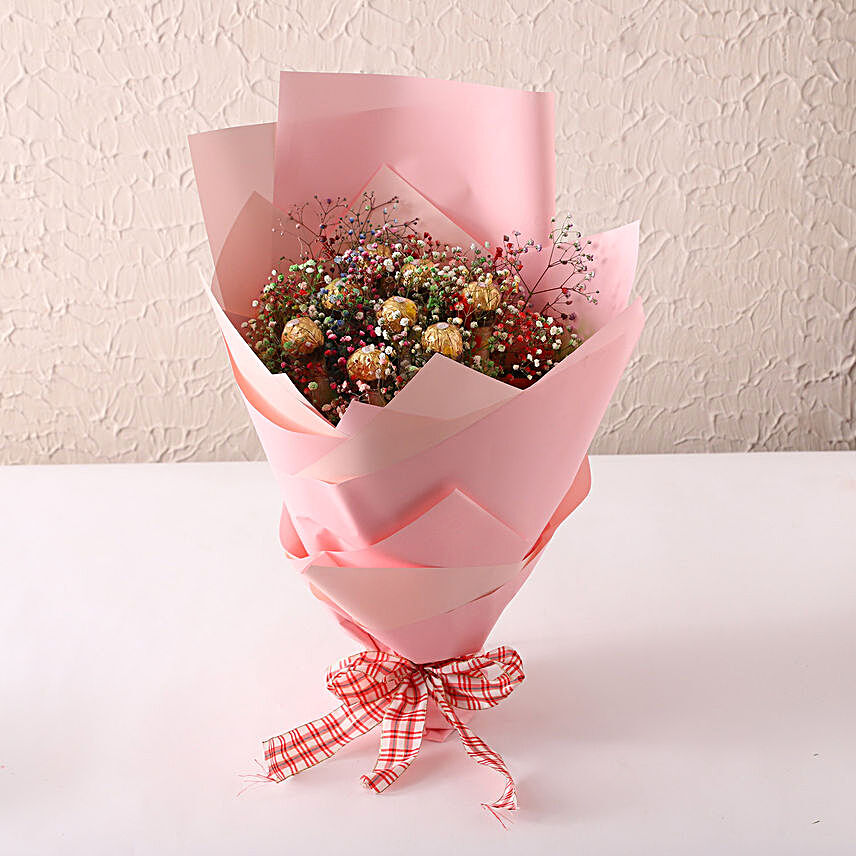 Beautifully Wrapped Pink Rocher Bouquet:Chocolate Bouquet