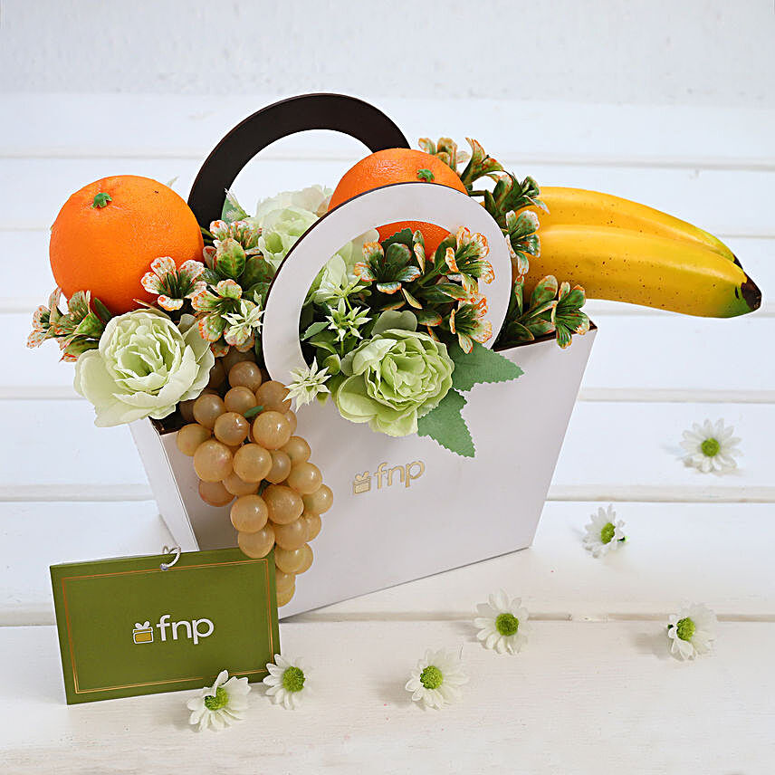 Artificial Fruits and Flower White Basket:Artificial Fruits