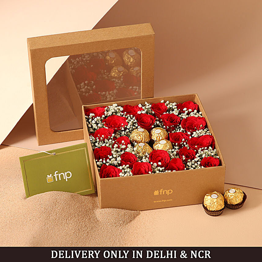 Mothers Day Red Roses and Chocolates Brown Box
