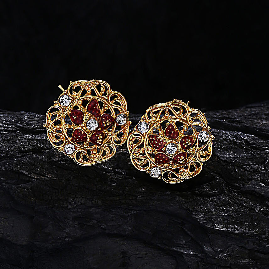 Golden And Red Floral Stud Earrings:Earrings For Women