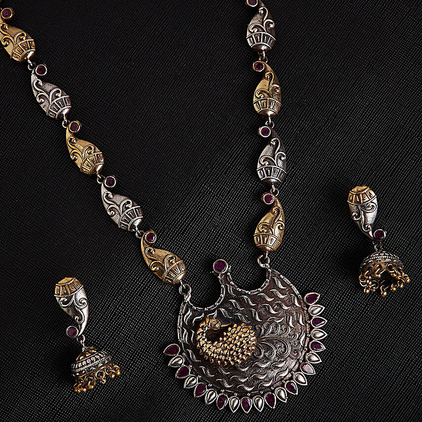 Peacock Silver-Toned Antique Gold Toned Tribal Necklace