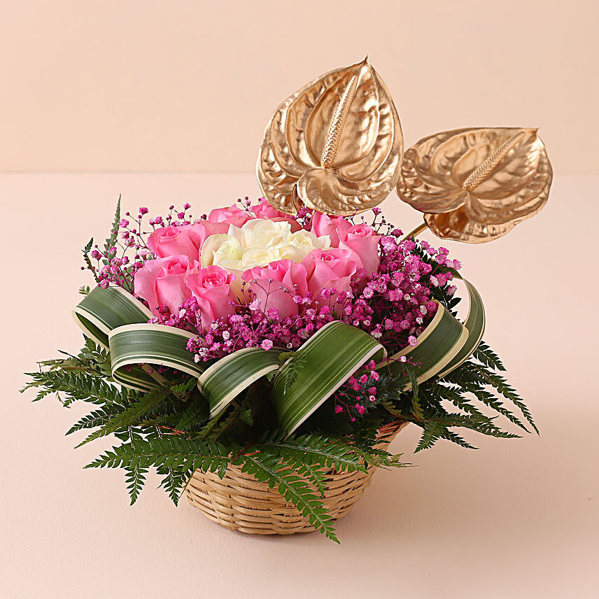 Enticing Mixed Roses N Anthuriums Basket:Women's Day Gifts
