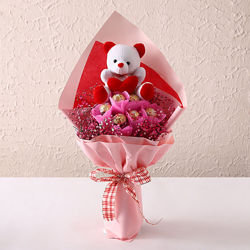 Ferrero Bouquet With Teddy:Send Chocolate Bouquet
