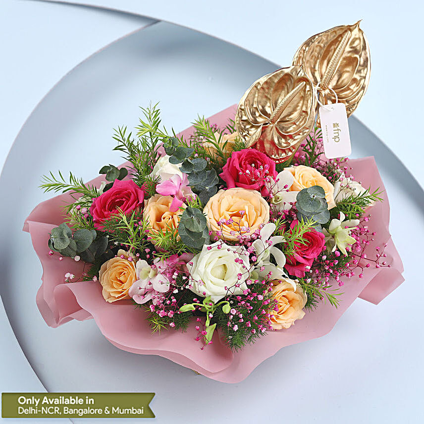 Heavenly Mixed Flowers Wooden Tray:Exotic Flower Bouquet