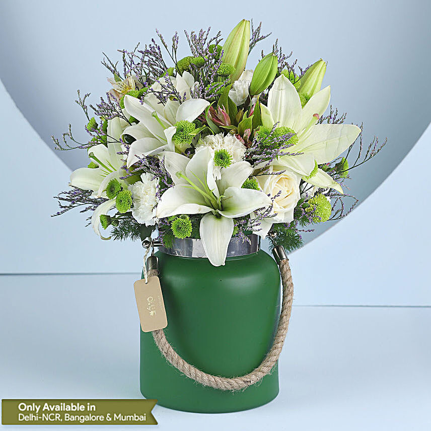 Buy Online Mixed White Flower Jar:Lilies for anniversary