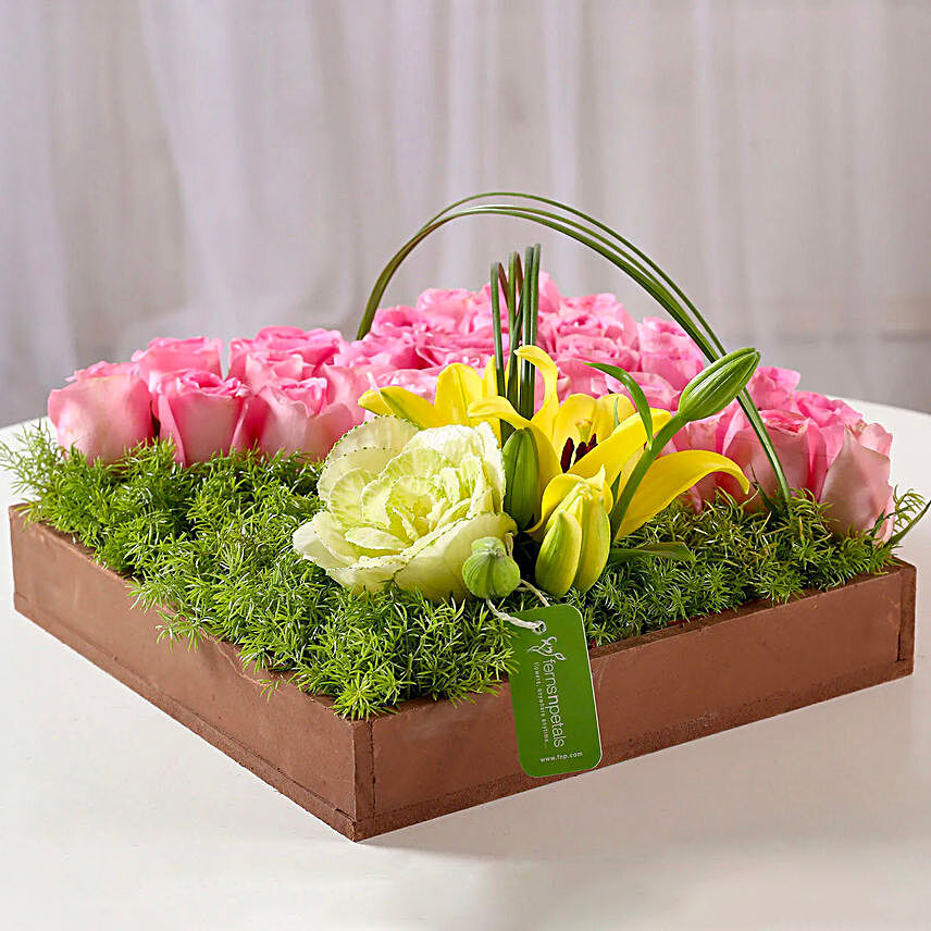 flower paradise in wooden tray:Exotic Flowers