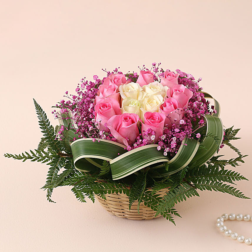 Blissful Light Pink N White Roses Basket:Premium Flowers