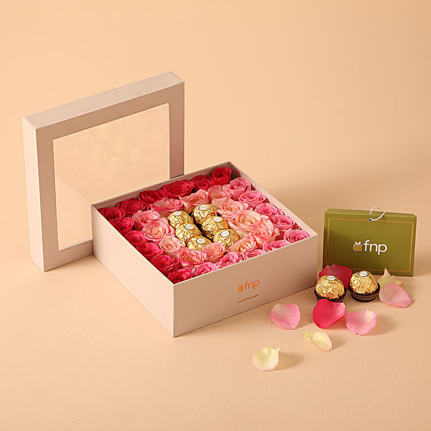 Pink Roses and Ferrero Rocher Gift Box:Mothers Day Gifts Combo