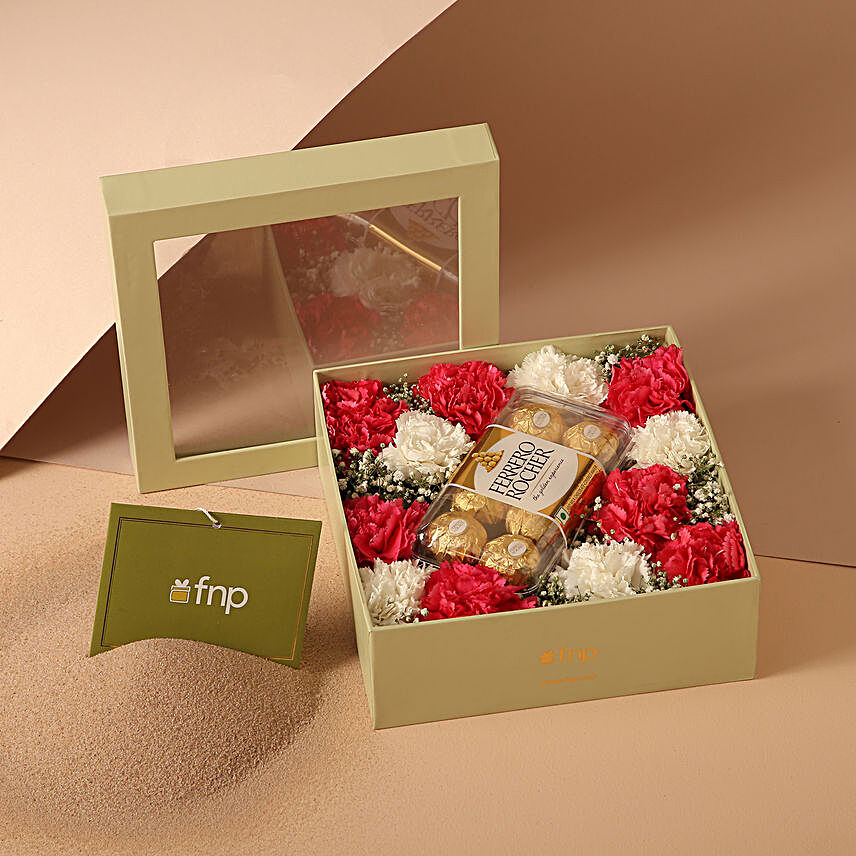 Carnations and Chocolates Box:Flowers In box