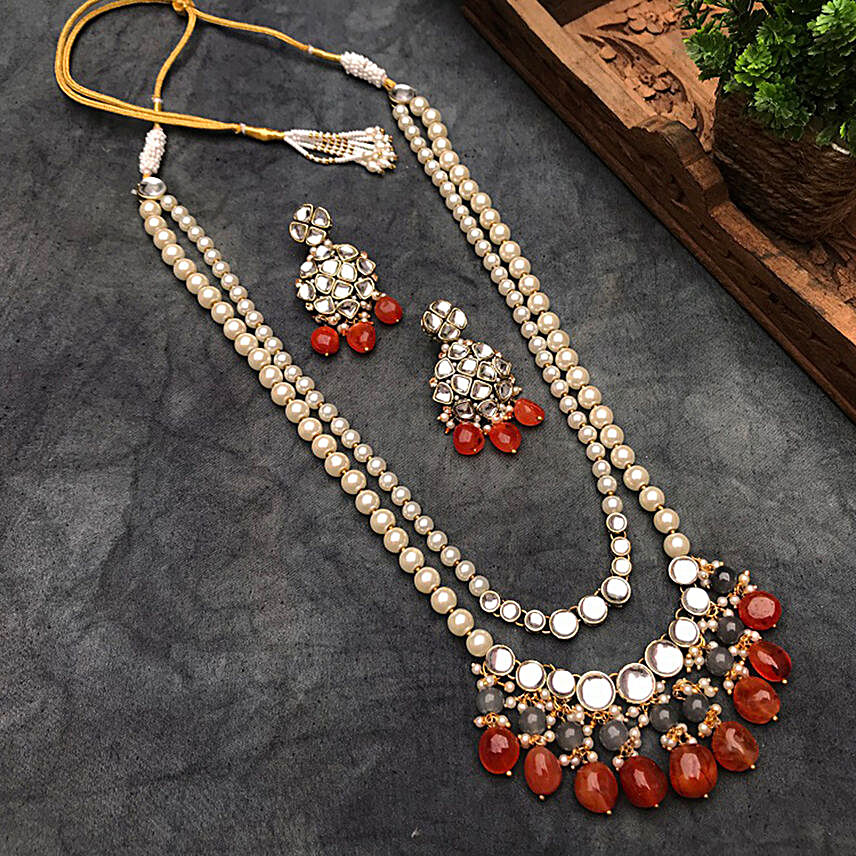 Carnelian Long Layered Necklace Set:Send Gifts to Belgaum
