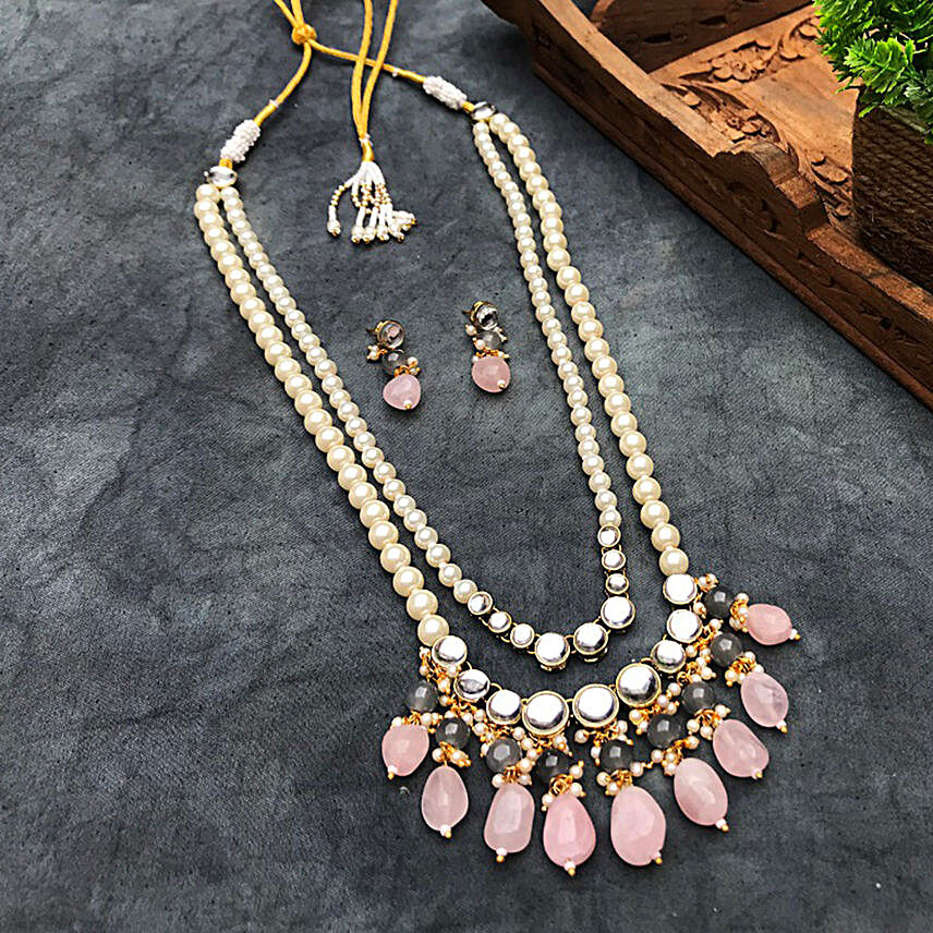 Rose Quartz and Kundan Long Layered Necklace Set:Send Gifts to Adilabad