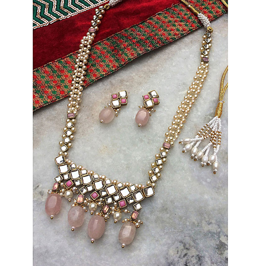 Rose Quartz and Pearl Long Necklace Set