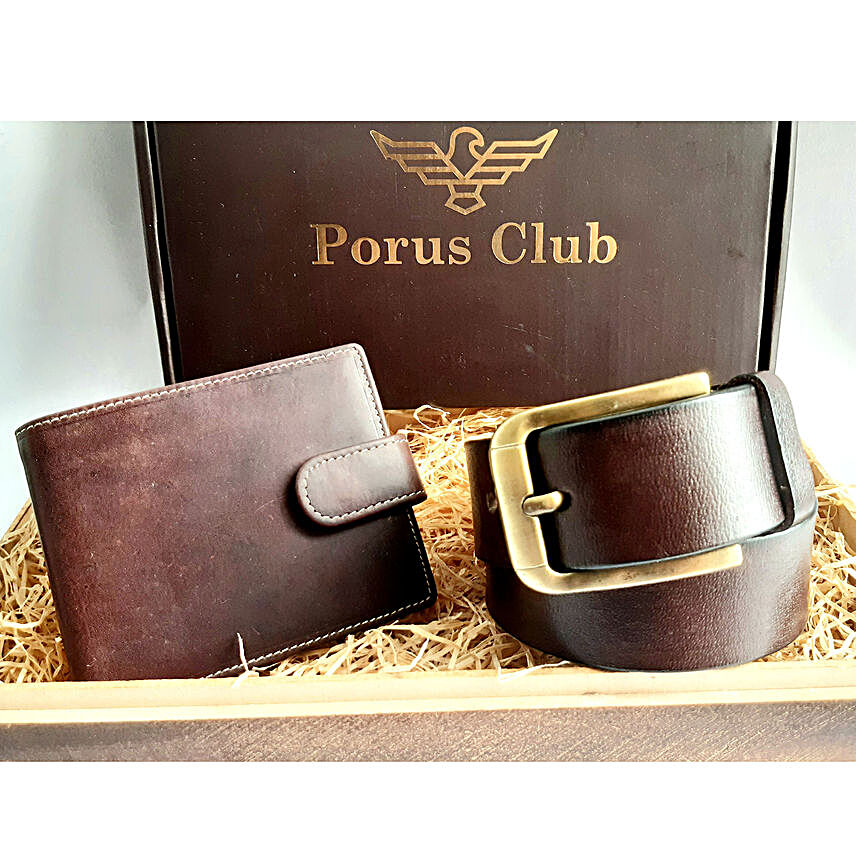 Porus Club Leather Belt and Wallet Gift Box:Belts for Men