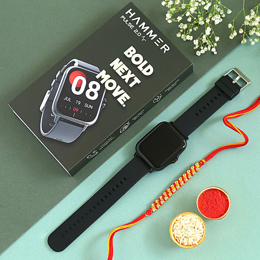 Sneh Golden Beads Mauli Rakhi and Hammer Pulse 20 Smartwatch:Rakhi With Gadgets