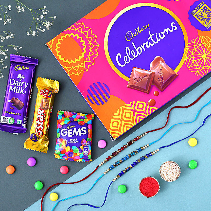 Sneh Orange and Green Beads Rakhi Set With Cadbury Celebrations Box