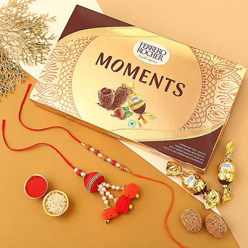 Sneh Pompom Bhaiya Bhabhi Rakhi Set and Ferrero Rocher Moments
