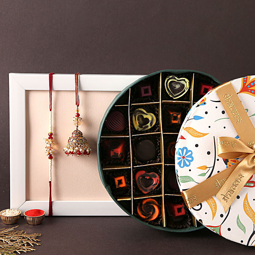Sneh Red and White Beads Bhaiya Bhabhi Rakhi Set With Shakkar Chocolate Box