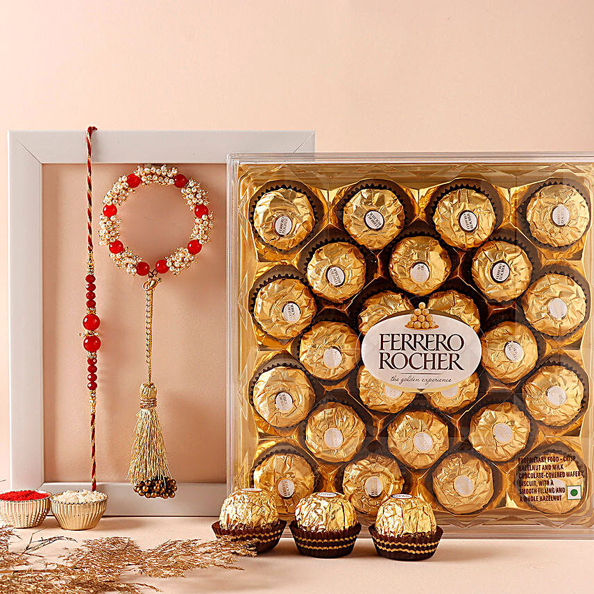 Sneh Red and White Bhaiya Bhabhi Rakhi Set With Ferrero Rocher