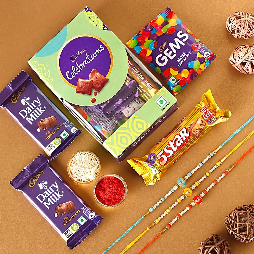 Sneh Single Strand Bead Rakhi Set and Cadbury Celebrations:Buy Set of 3 Rakhis