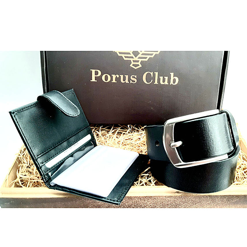 Porus Club Leather Belt and Card Wallet Combo:Belts for Him