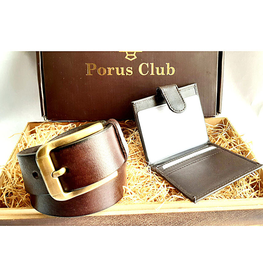 Porus Club Leather Belt & Card Wallet Gift Box