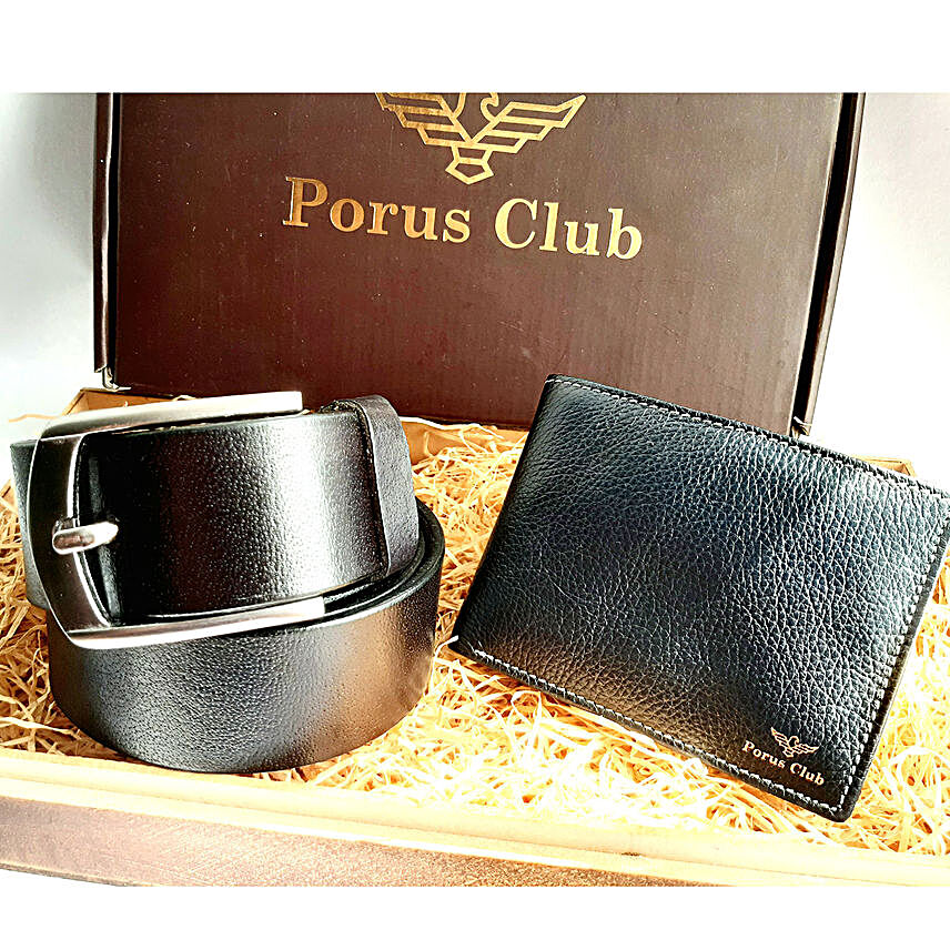 Porus Club Leather Belt and Leather Wallet Combo:Belts for Men