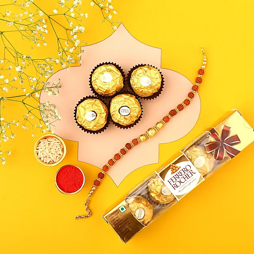 Sneh Golden Beads and 16 Rudraksha Rakhi With Ferrero Rocher