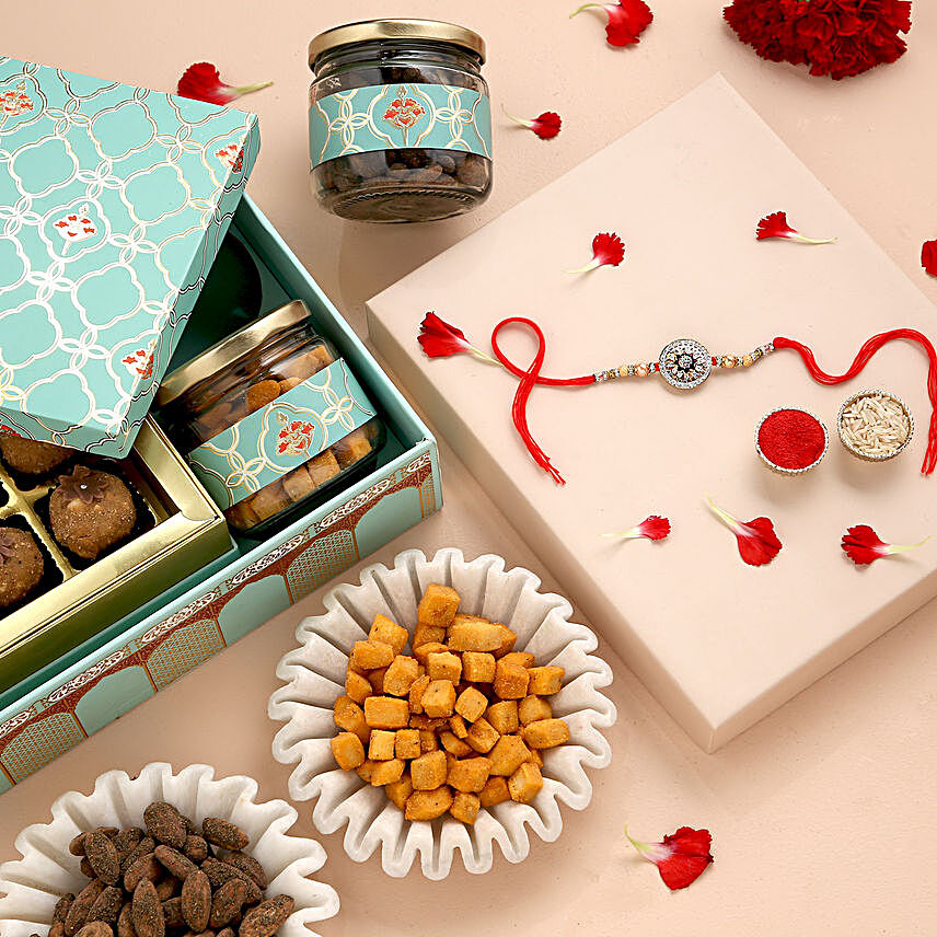 Sneh Designer American Diamond Rakhi Celebration Gourmet Box:Rakhi Gift Hampers