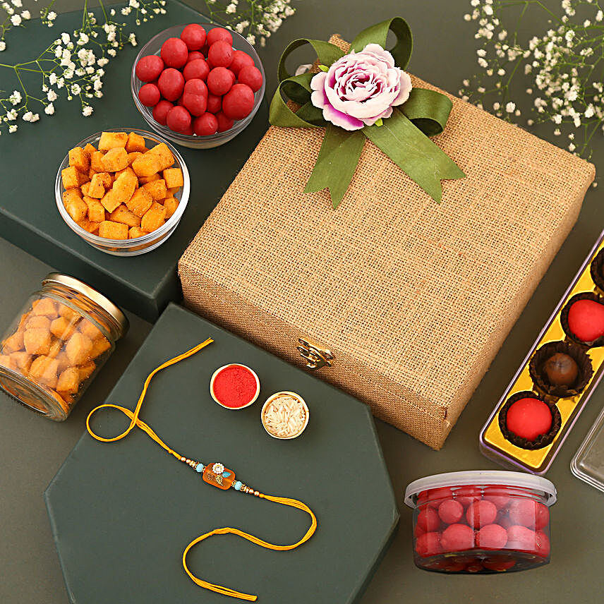 Sneh Fancy Stone Designer Rakhi With Chocolates Dryfruits Box