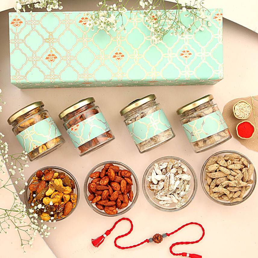 Sneh Rudraksha Silver Beads Rakhi With Flavoured Dryfruits:Raksha Bandhan Gift Hampers