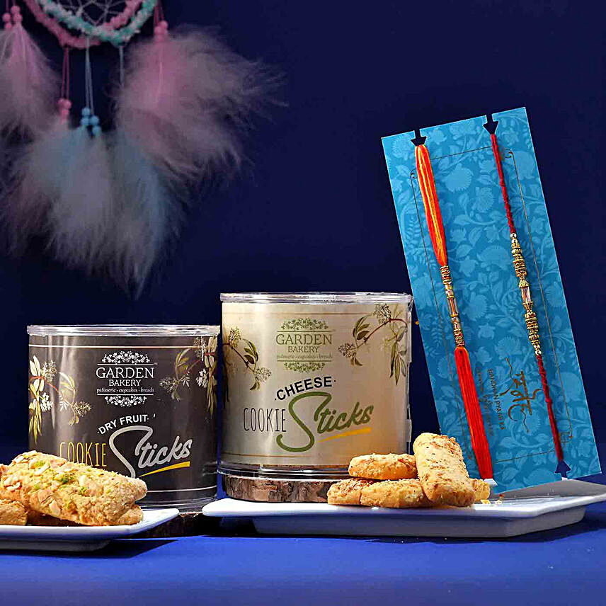Sneh Stylish Pearl Rakhi Set With Dryfruit and Cheese Sticks:Send Rakhi With Cookies