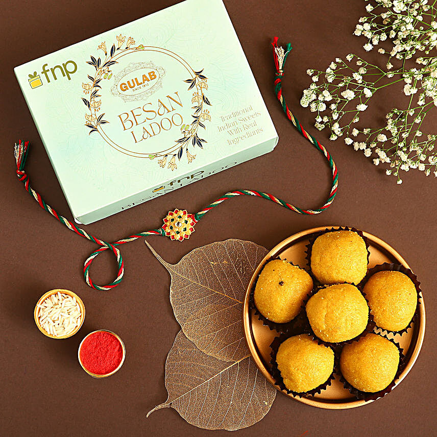 Sneh Floral Meenakari Rakhi and Gulab Besan Laddoo:Rakhi with Sweets