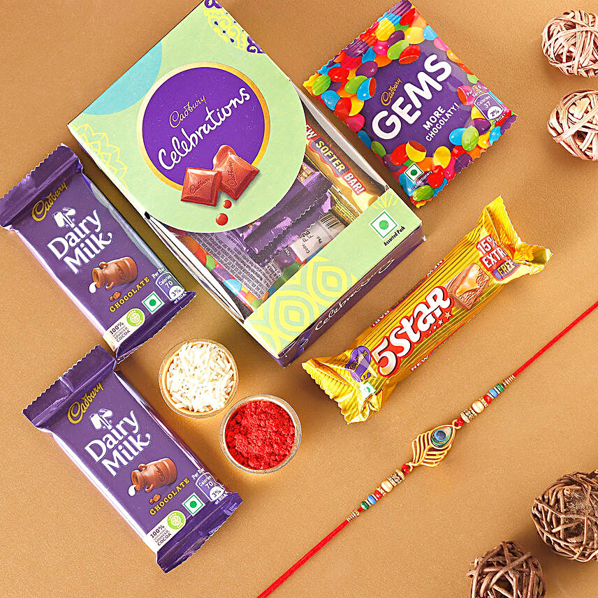 Sneh Peacock Stone Rakhi and Cadbury Celebrations:Send Rakhi With Chocolates