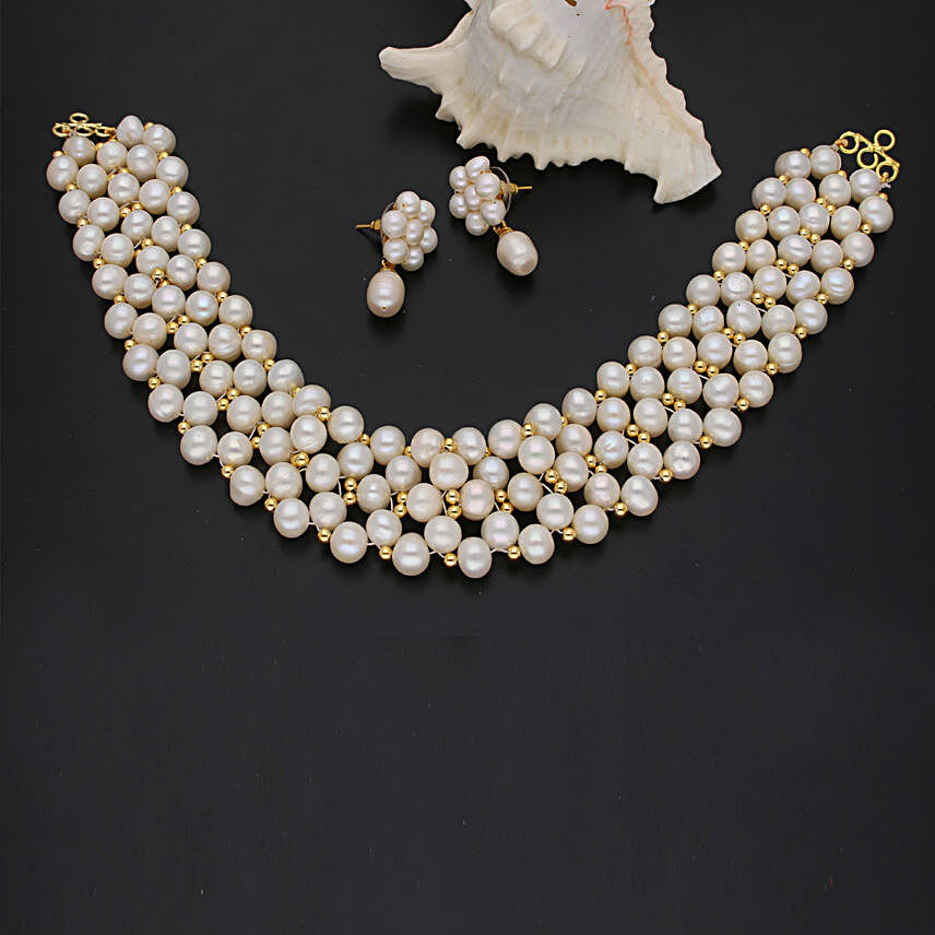 Sri Jagdamba Pearls Daisy Pearl Choker Set:Gift Jagdamba Pearls Jewellery