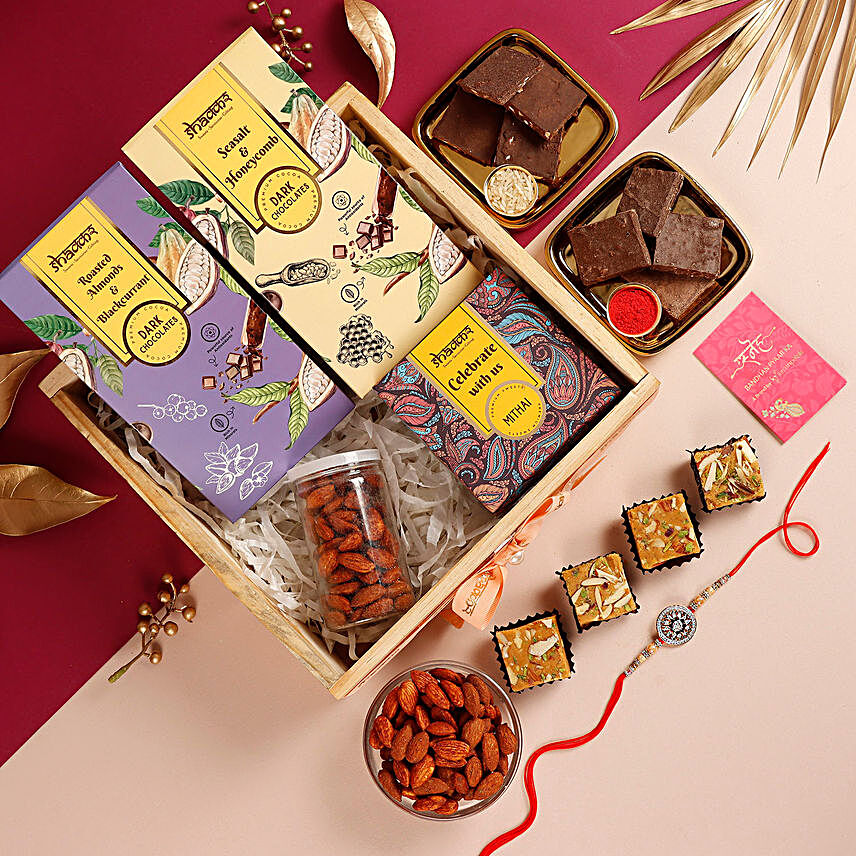 Shakkar Sneh Designer American Diamond Rakhi With Chocolates Dryfruits Box