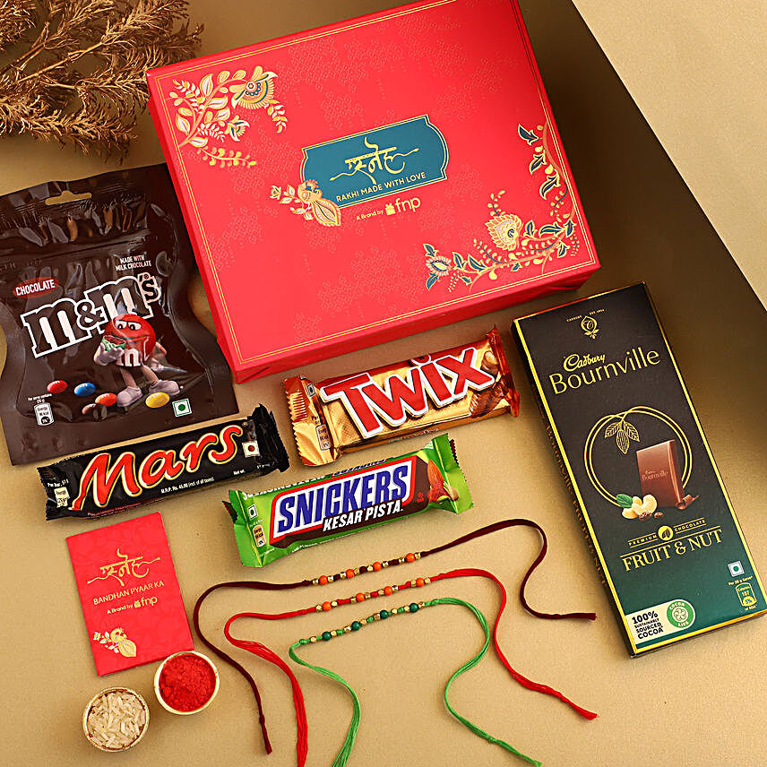 Sneh Blue Phiroza and Red Beads Rakhi Set With Delectable Chocolate Hamper:Buy Set of 3 Rakhis
