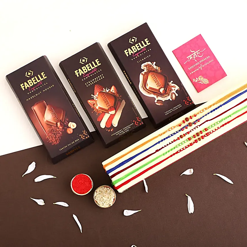 Sneh Colourful Rudraksha Rakhi Set and Fabelle Assorted Chocolates