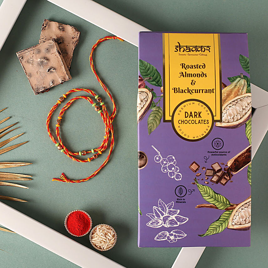 Sneh Green and Golden Beads Rakhi With Shakkr Dark Chocolates