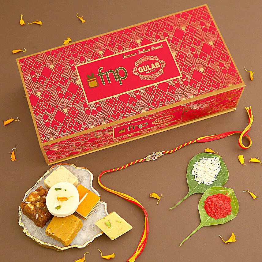 Sneh Om Engraved Rakhi and Gulab Assorted Sweets